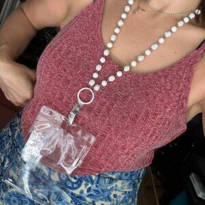 Vintage Floral Beaded Lanyard or Keychain - White and Silver Handmade, Upcycled